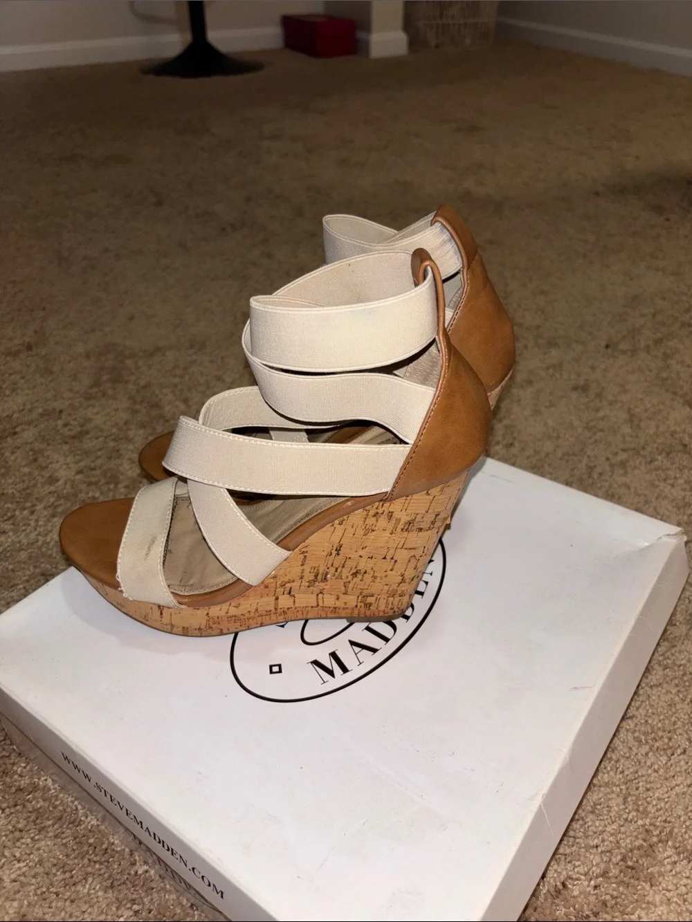 Steve Madden Beige Elastic Strappy Cork Wedges